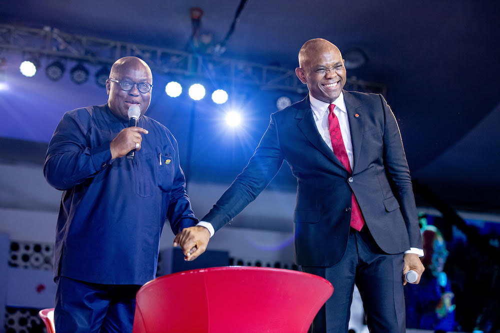 M. Tony O. Elumelu, promoteur de la Fondation Tony Elumelu, et le Président de la République du Ghana, S.E. Nana Akufo-Addo, au Forum d’entreprenariat de TEF - 2018, le plus grand rassemblement de jeunes entrepreneurs africains dans le monde qui a été marqué par le lancement de TEFConnect, la plus grande plateforme numérique au monde dédiée aux entrepreneurs africains, organisé par la Fondation Tony Elumelu à Lagos le jeudi 25 octobre