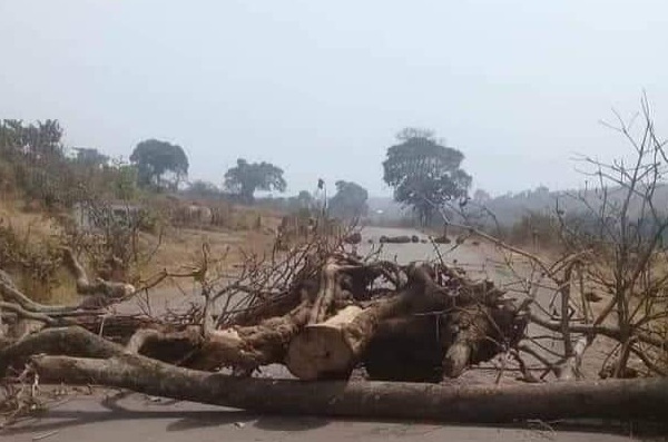 La route barricadée à l'entrée de la ville de Dalaba