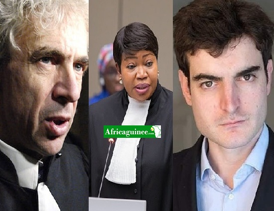 De gauche à droite, Maître Willam Bourdon, la procureure de la CPI Fatou Ben Souda, et Me Vincent Brengarth, Photomontage Africaguinee.com