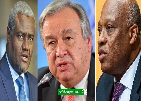 Feature image Moussa Faki Mahamat, président de la commission de l'Union Africaine, Antonio Guteress Secrétaire Général de l'ONU, Jean Kassi Brou Président de la Commission de la CEDEAO