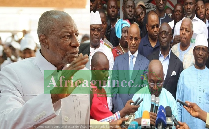 Alpha Condé et des leaders du FNDC Photomontage Africaguinee.com