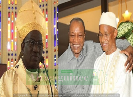 Monseigneur Vincent Coulibaly archevêque de Conakry, Alpha Condé et Cellou Dalein Diallo, photomontage Africaguinee.com