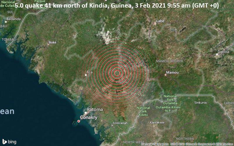 5.0 séisme à 41 km au nord de Kindia, Guinée, 3 février 2021 9h55 (GMT +0), crédit photo USGS