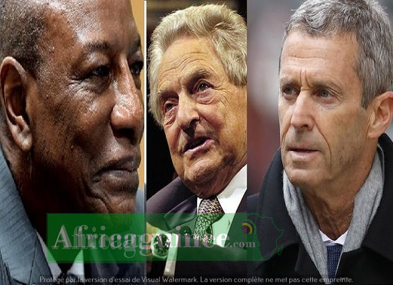 Alpha Condé, Georges Soros, Beny Steinmetz, photomontage Africaguinee.com