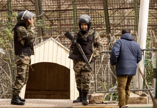 Les Forces auxiliaires marocaines montent la garde près de la barrière frontalière séparant le Maroc de l'enclave nord-africaine de Melilla (AFP)