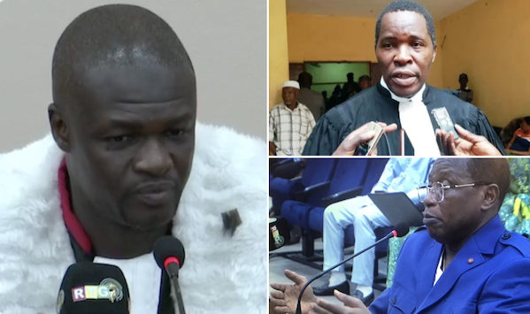Feature image Le juge Ibrahima Sory 2 Tounkara, maître Pépé Koulémou et l'accusé Moussa Dadis Camara, photomontage Africaguinee.com
