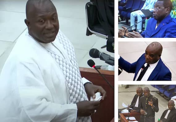 Feature image Toumba Diakité en boubou blanc, Dadis Camara, Blaise Goumou et Moussa Thiegboro Camara